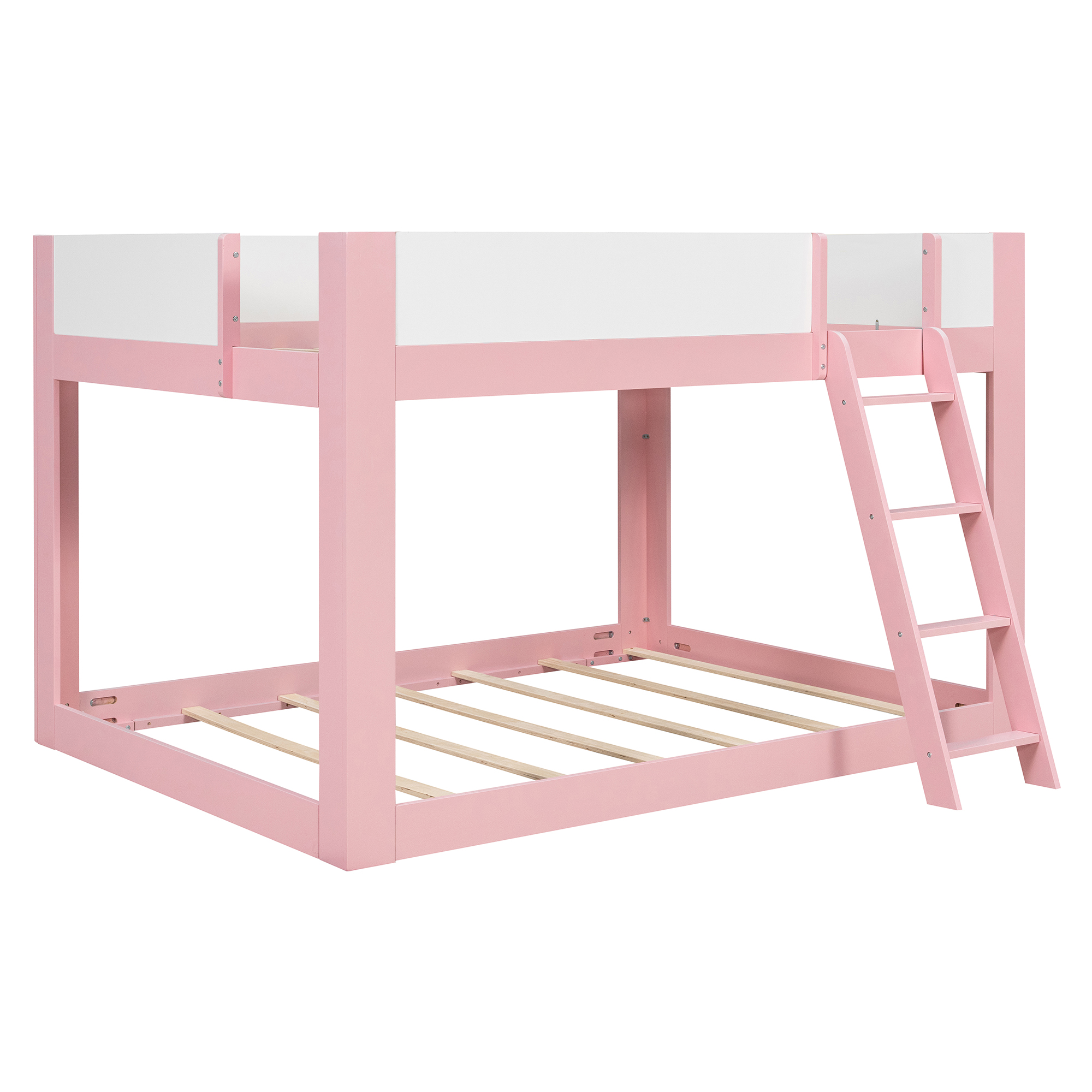 Queen Size Low Convertible Bunk Bed With Reversible Ladder And Safety Guardrails