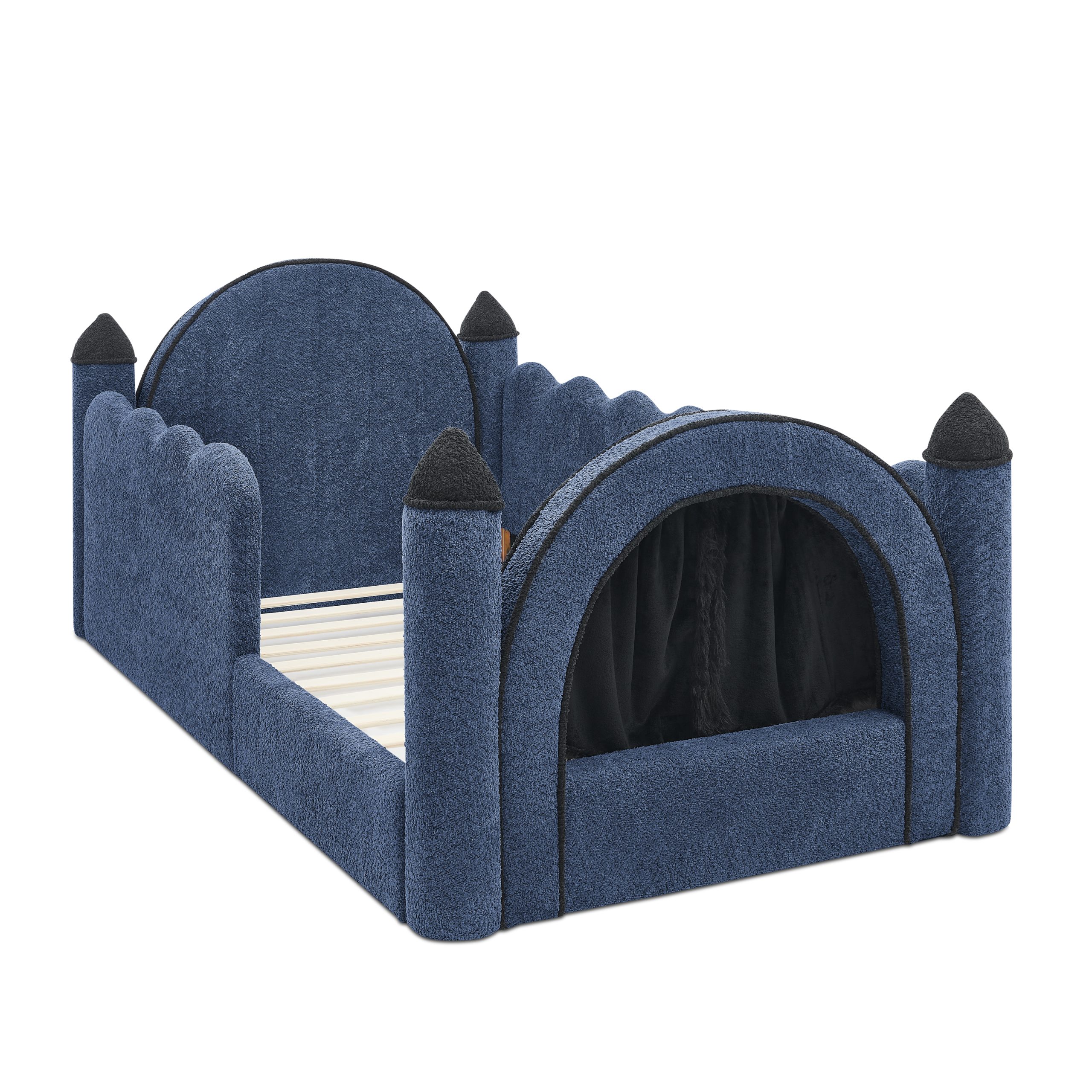 Twin Size Castle Bed with Safety Guardrail and Curtain