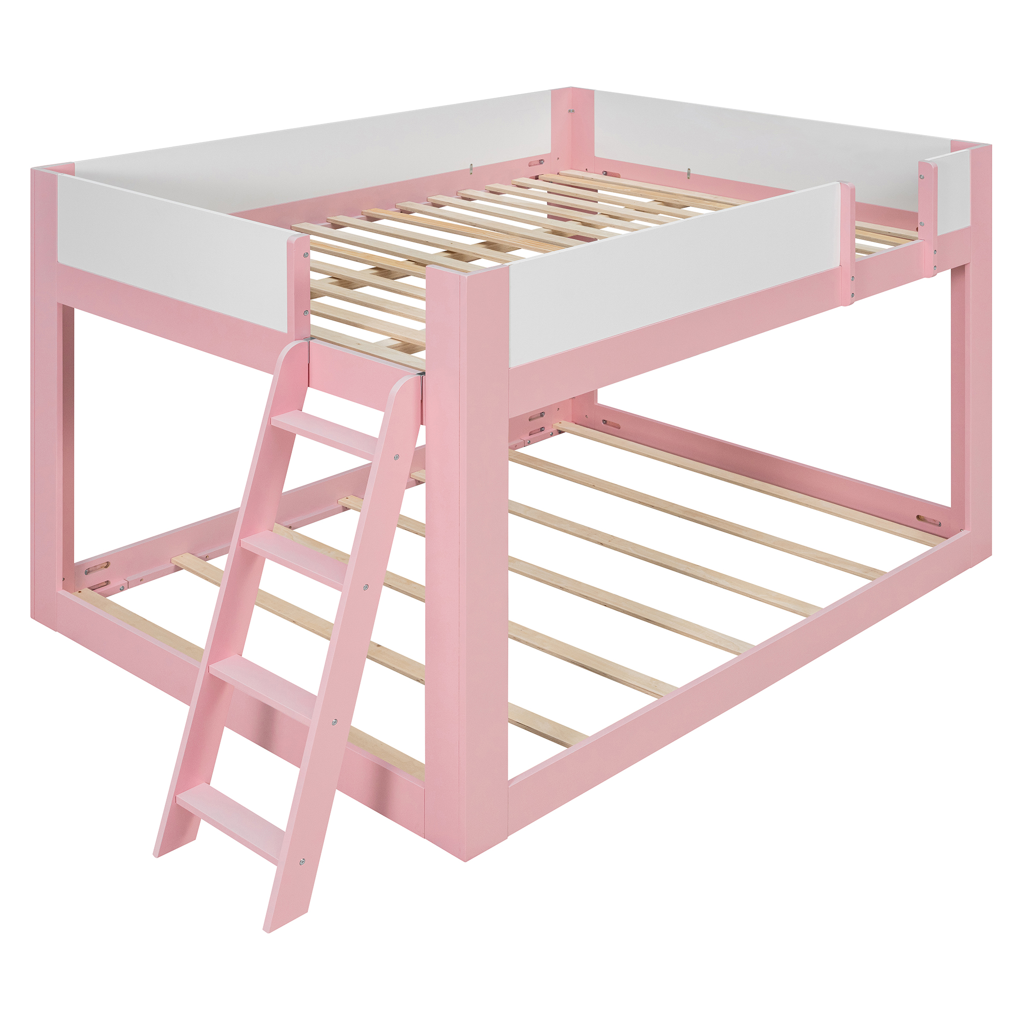 Queen Size Low Convertible Bunk Bed With Reversible Ladder And Safety Guardrails