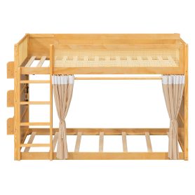 Twin Size Bunk Bed with 3-Tier Storage Shelf, Rattan Decor, Privacy Curtains & Lights
