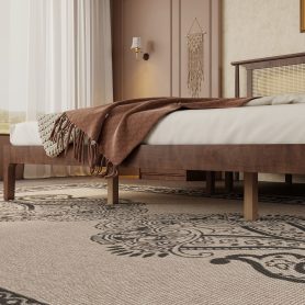 King Size Solid Wooden Bed with Rattan Headboard