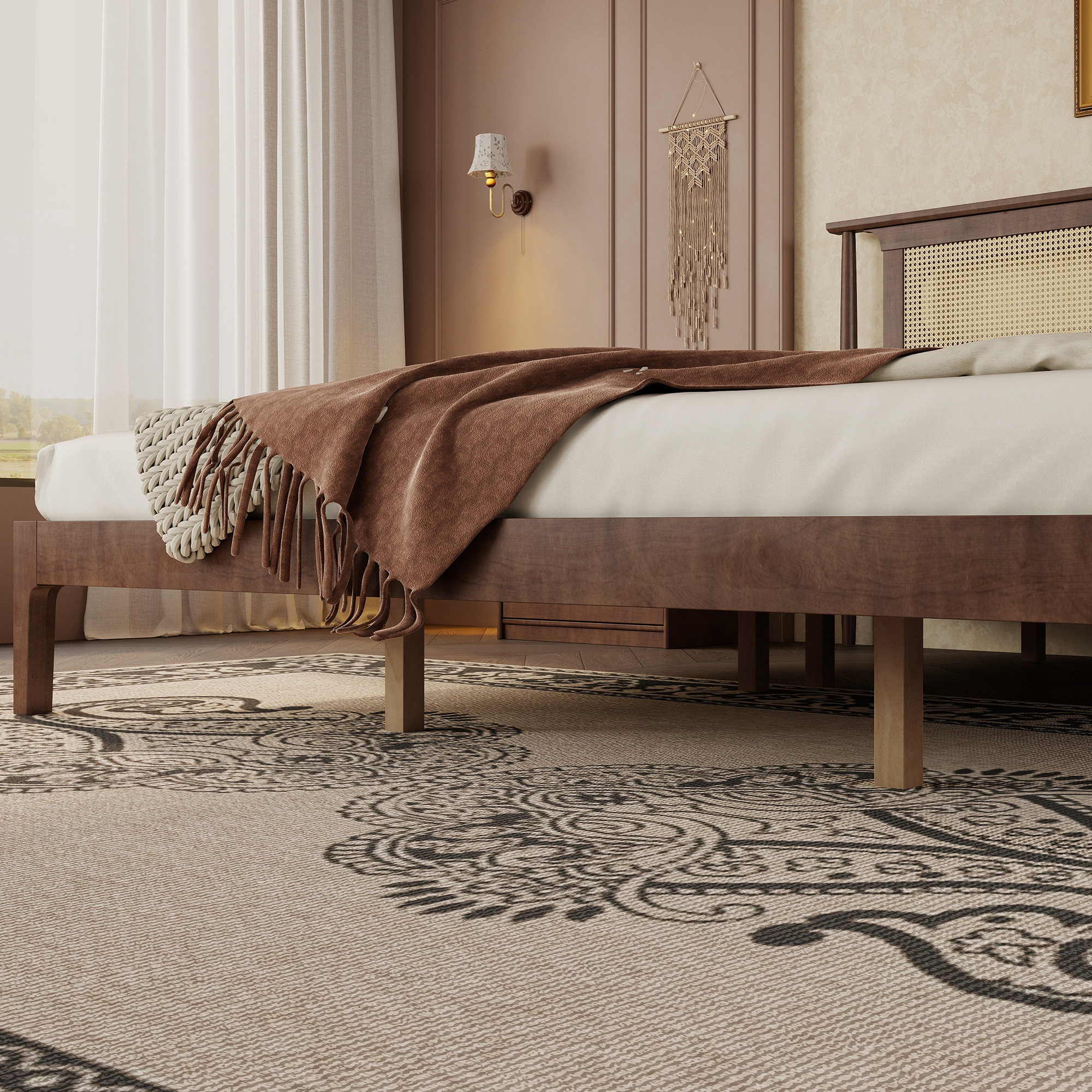 King Size Solid Wooden Bed with Rattan Headboard