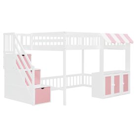 Full Size Loft Bed with Storage Steps, LED Light, Under Bed Cabinets