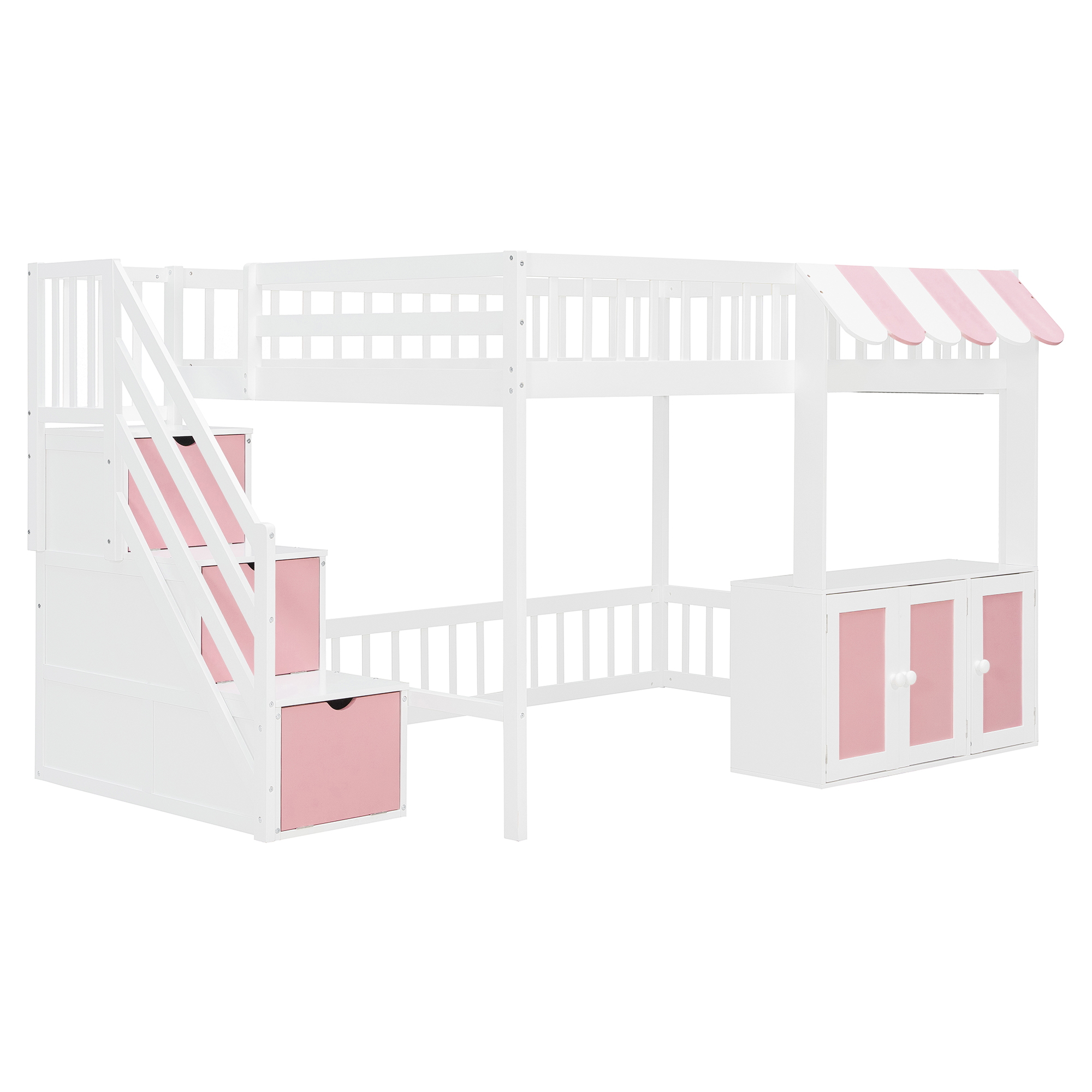 Full Size Loft Bed with Storage Steps, LED Light, Under Bed Cabinets