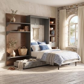 Twin Murphy Bed with Storage Cabinet, Open Shelving & USB Port, Large Sofa Front