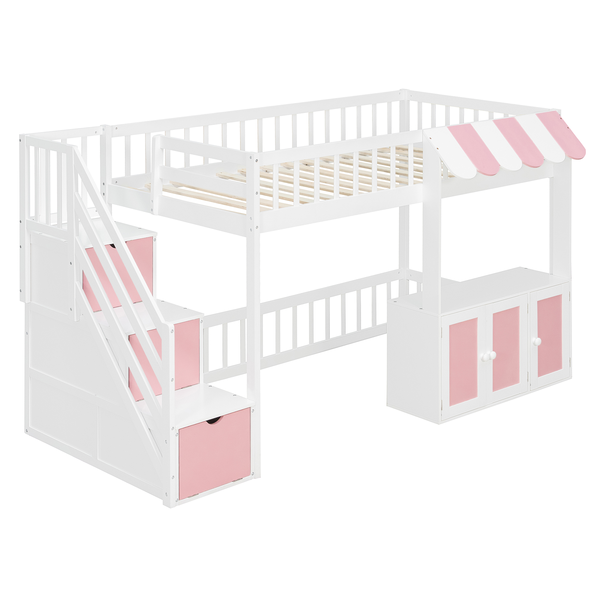Twin Size Loft Bed with Storage Steps, LED Light, Under Bed Cabinets