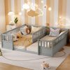 Double Pine Wood Twin Floor Bed with Semi-Enclosed Safety Guardrails, Open Entrance