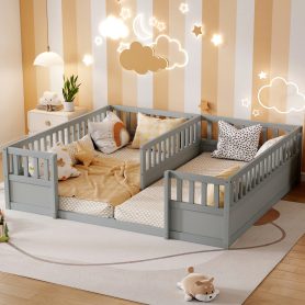 Double Pine Wood Twin Floor Bed with Semi-Enclosed Safety Guardrails, Open Entrance