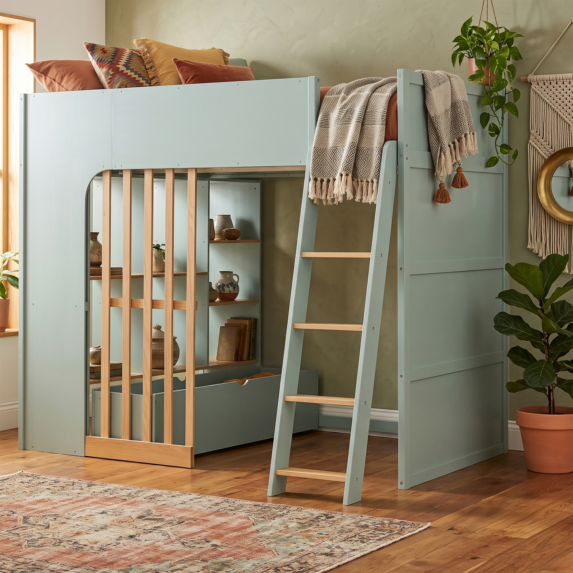 Full Size Wooden High Sleeper Loft Bed with Ladder and Storage Shelves