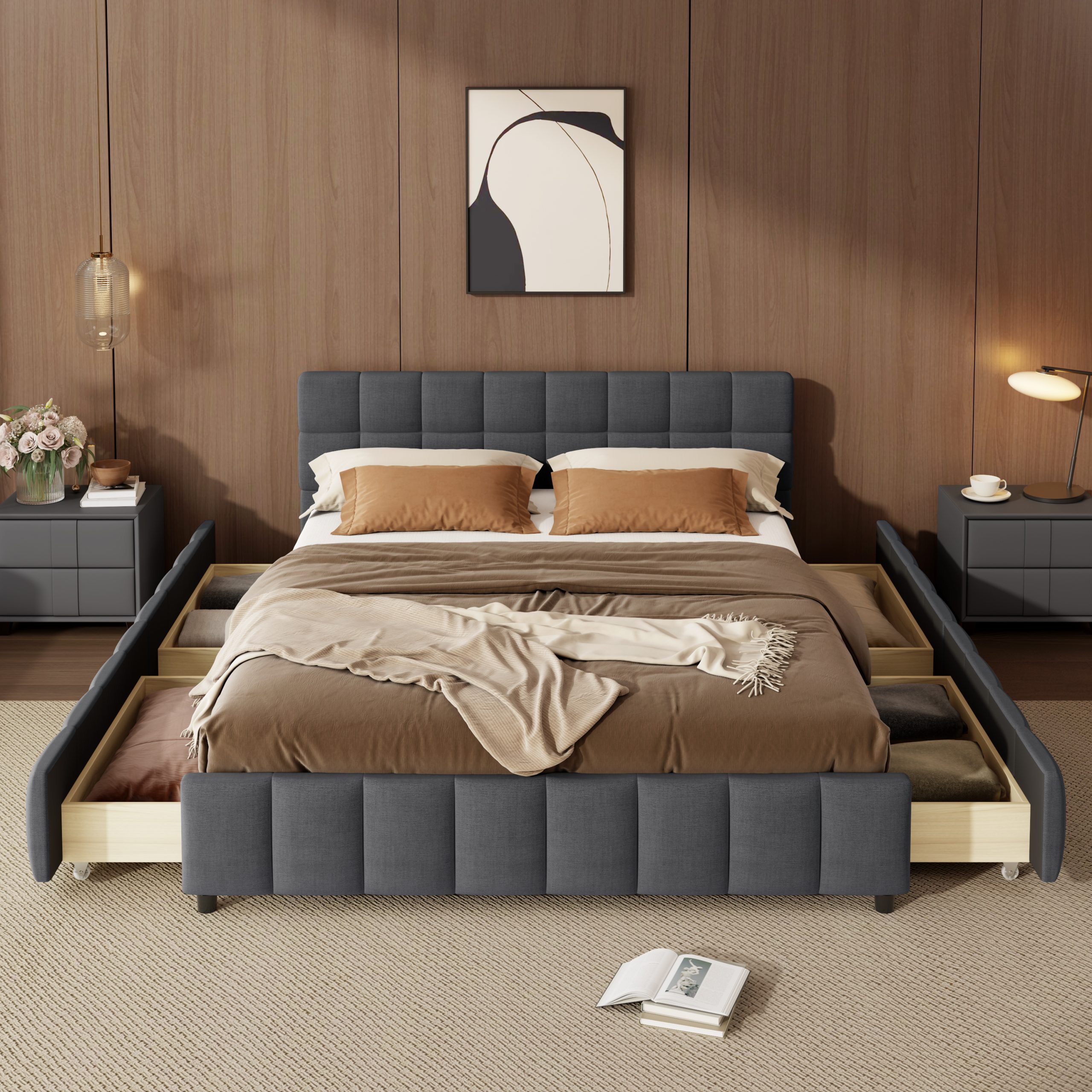 Queen Size Upholstered Platform Bed Frame with 4 Storage Drawers