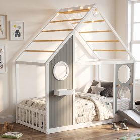 Wooden Playhouse Design Platform Bed with Front Panel and Slide