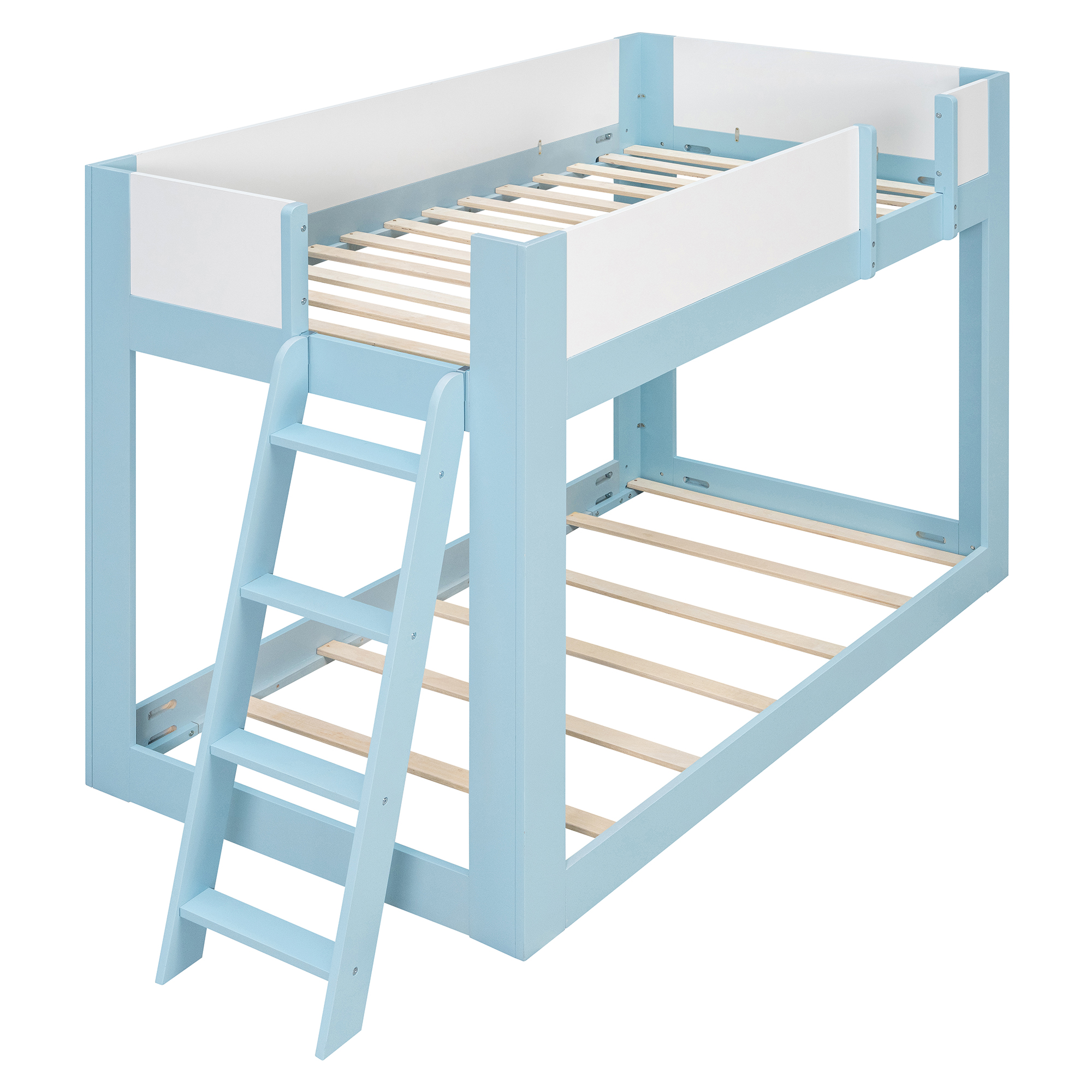 Twin Size Low Convertible Bunk Bed With Reversible Ladder And Safety Guardrails