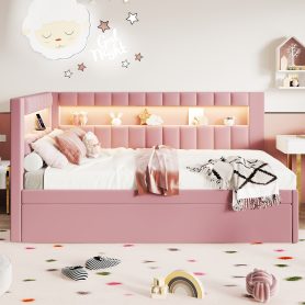 Upholstered Twin Size Platform Bed with Trundle, USB Ports and LED Belt