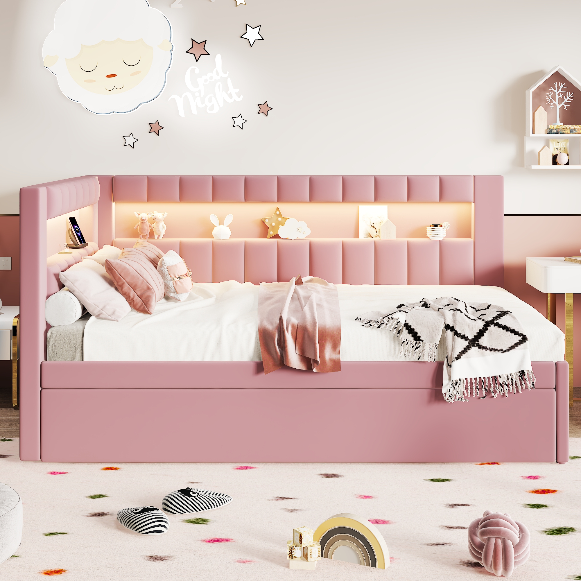 Upholstered Twin Size Platform Bed with Trundle, USB Ports and LED Belt