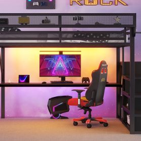 Metal Queen Size Loft Bed With Desk, Charging Station, Stairs And Light