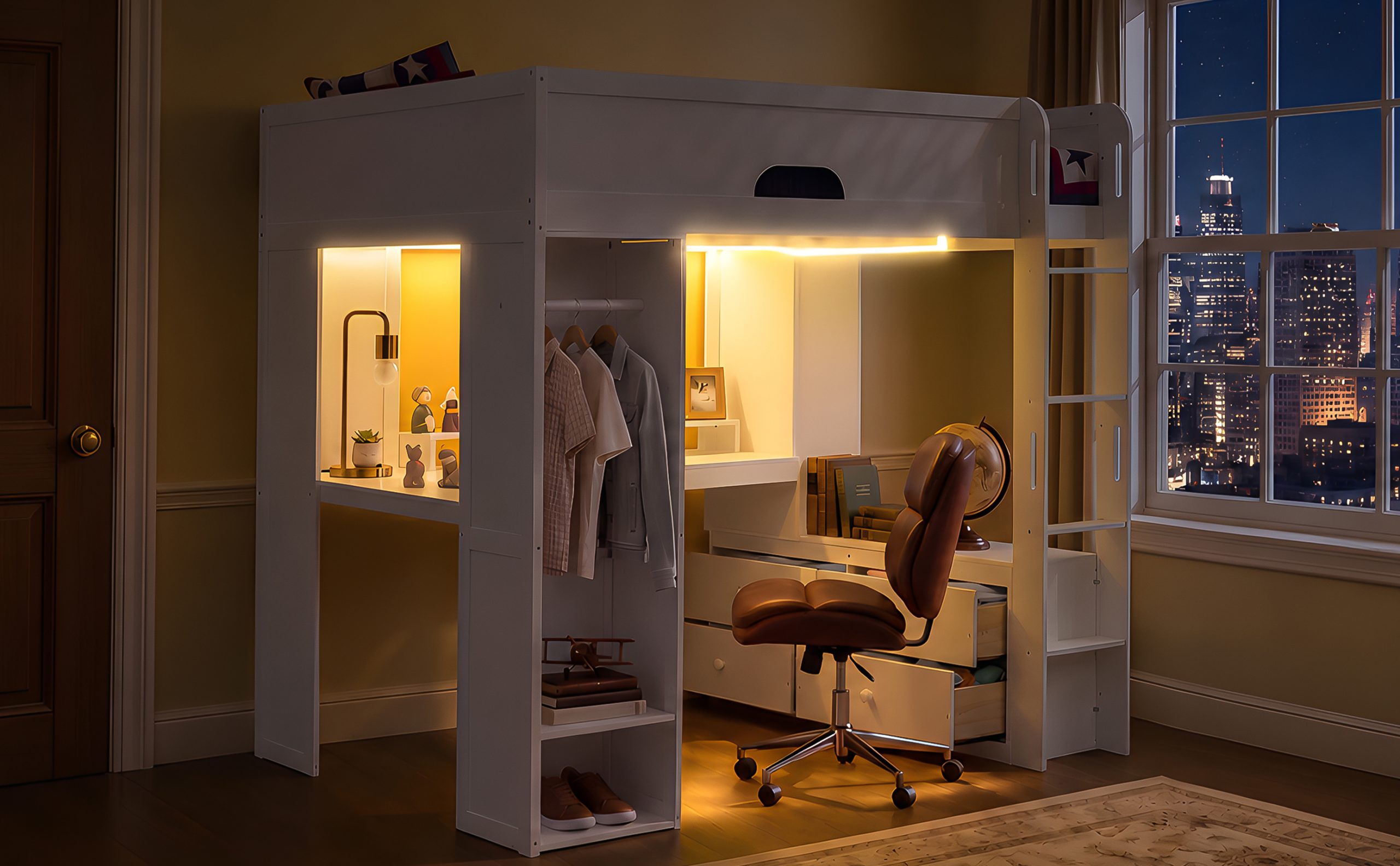 Full Size Solid Wood Loft Bed With L-Shaped Desk, Storage Cabinet and Wardrobe