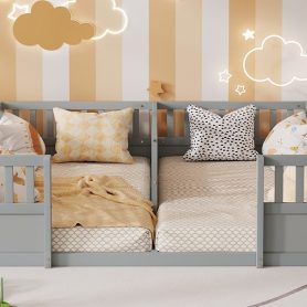 Double Pine Wood Twin Floor Bed with Semi-Enclosed Safety Guardrails, Open Entrance