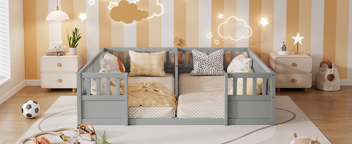 Double Pine Wood Twin Floor Bed with Semi-Enclosed Safety Guardrails, Open Entrance