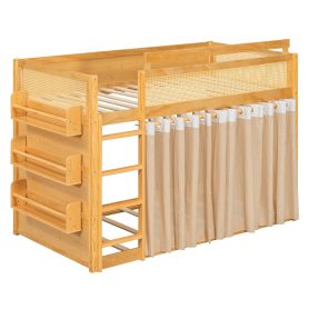 Twin Size Bunk Bed with 3-Tier Storage Shelf, Rattan Decor, Privacy Curtains & Lights