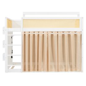 Full Size Bunk Bed with 3-Tier Storage Shelf, Rattan Decor, Privacy Curtains & Lights