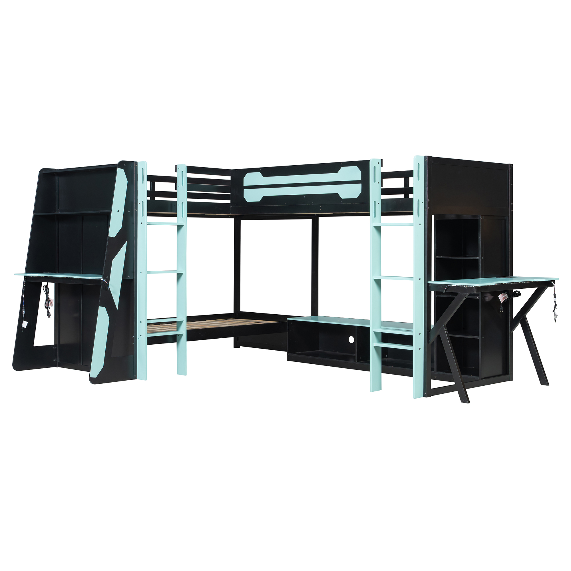 L-Shaped Wooden Twin Size Gaming Bed Frame with RGB LED Lights, USB Ports, TV Stand & Storage Shelves