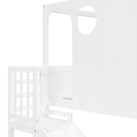 Full Size Kids Loft Bed With Slide, Storage Shelves And Guardrails