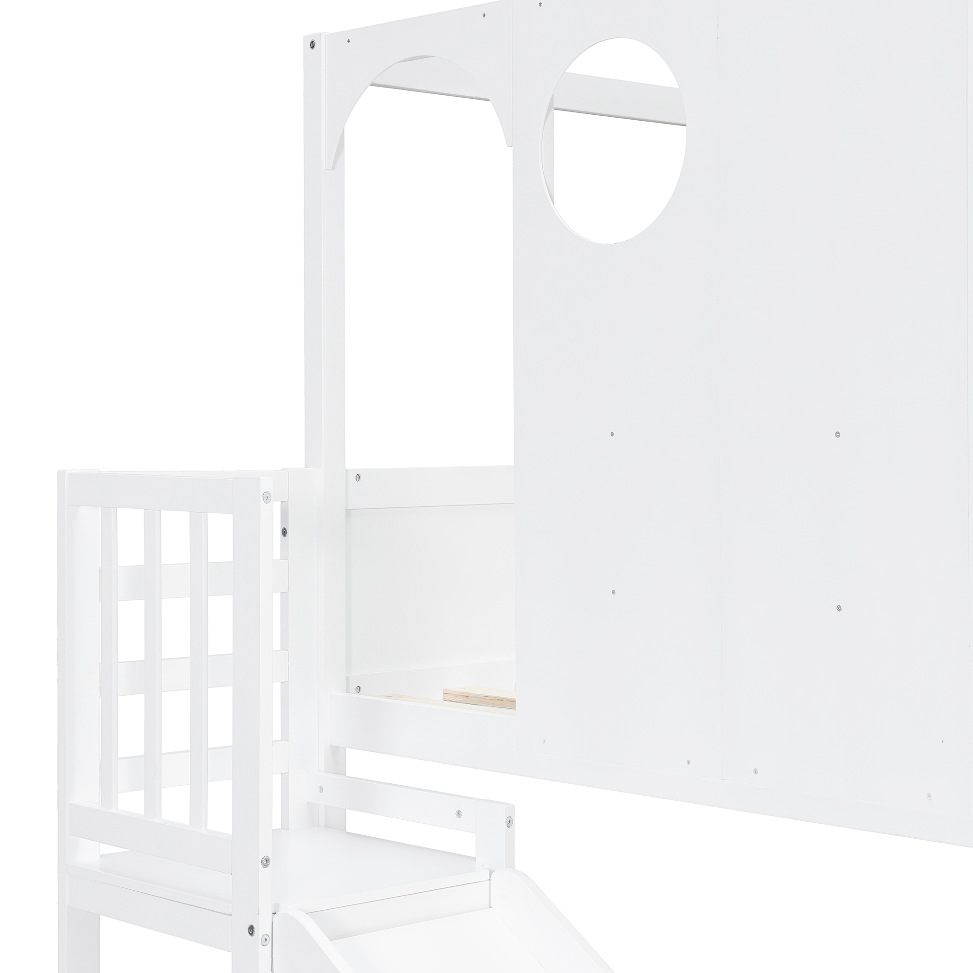 Full Size Kids Loft Bed With Slide, Storage Shelves And Guardrails