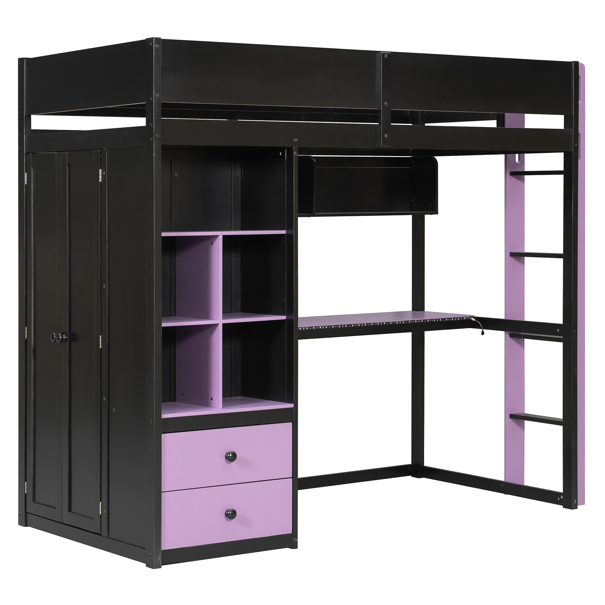 Twin Size Solid Wood Loft Bed with Desk, Storage Cabinet and Wardrobe
