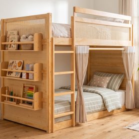 Twin Size Bunk Bed with 3-Tier Storage Shelf, Rattan Decor, Privacy Curtains & Lights