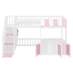 Twin Size Loft Bed with Storage Steps, LED Light, Under Bed Cabinets