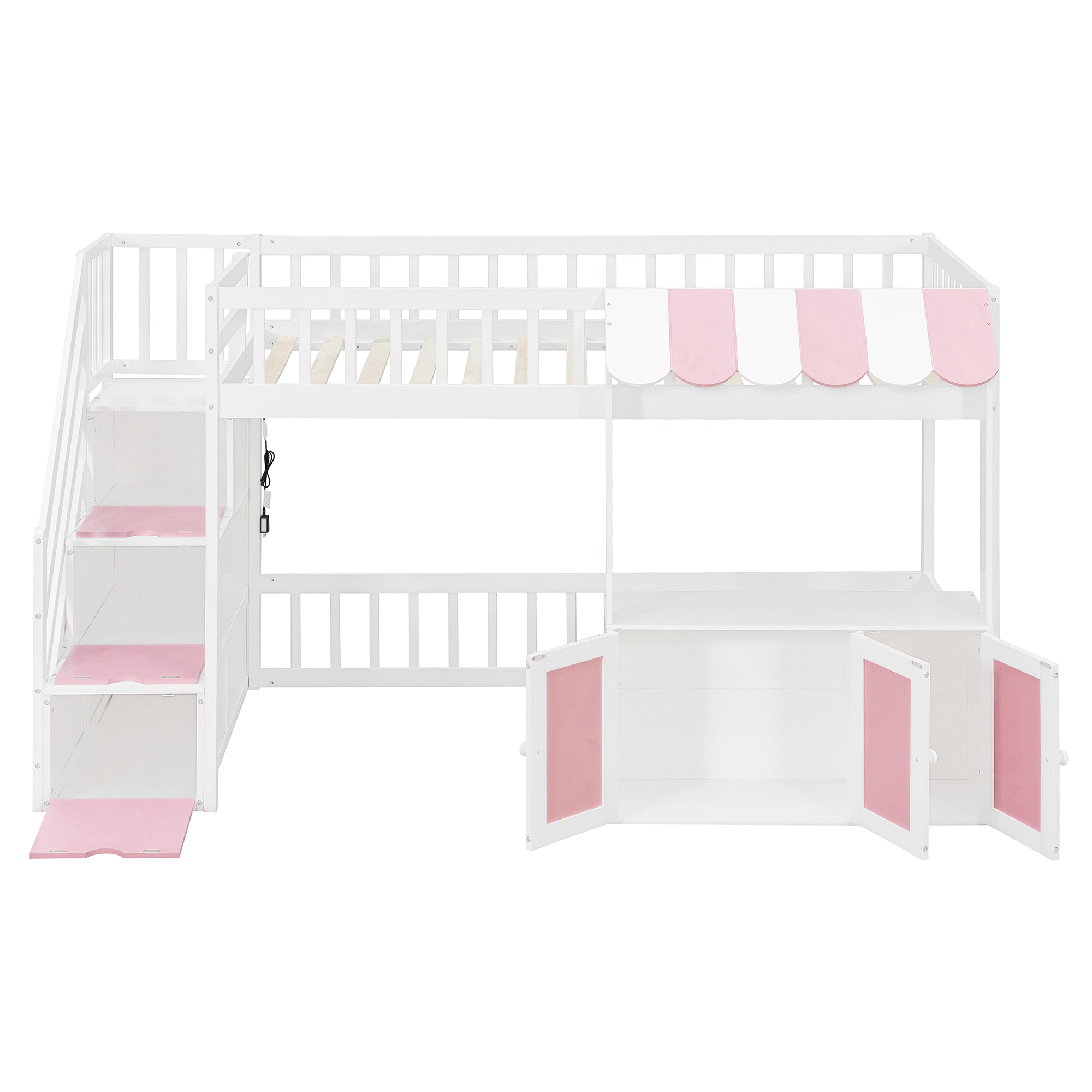 Twin Size Loft Bed with Storage Steps, LED Light, Under Bed Cabinets