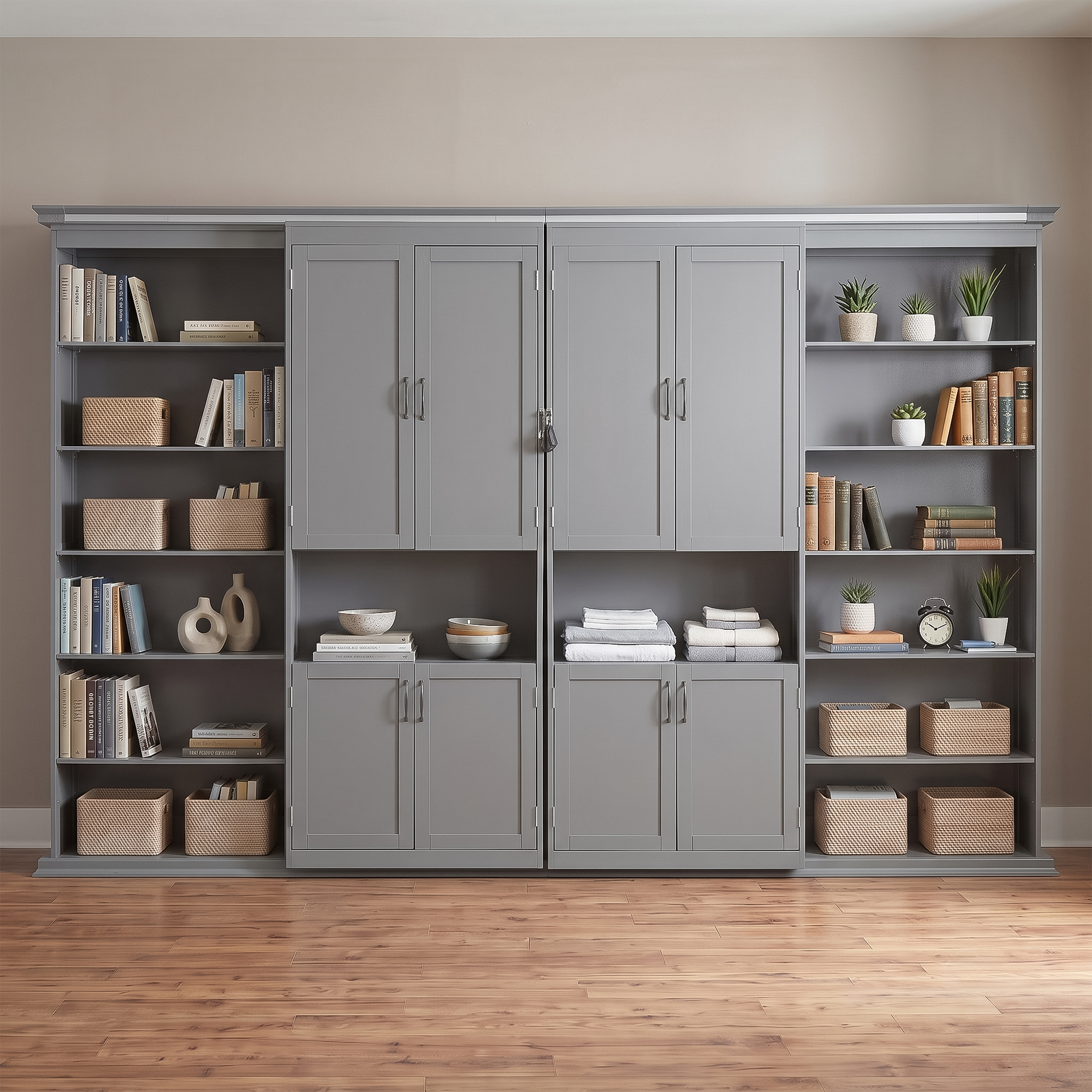 Queen-size Murphy Bed with Dual Sliding Storage Cabinets