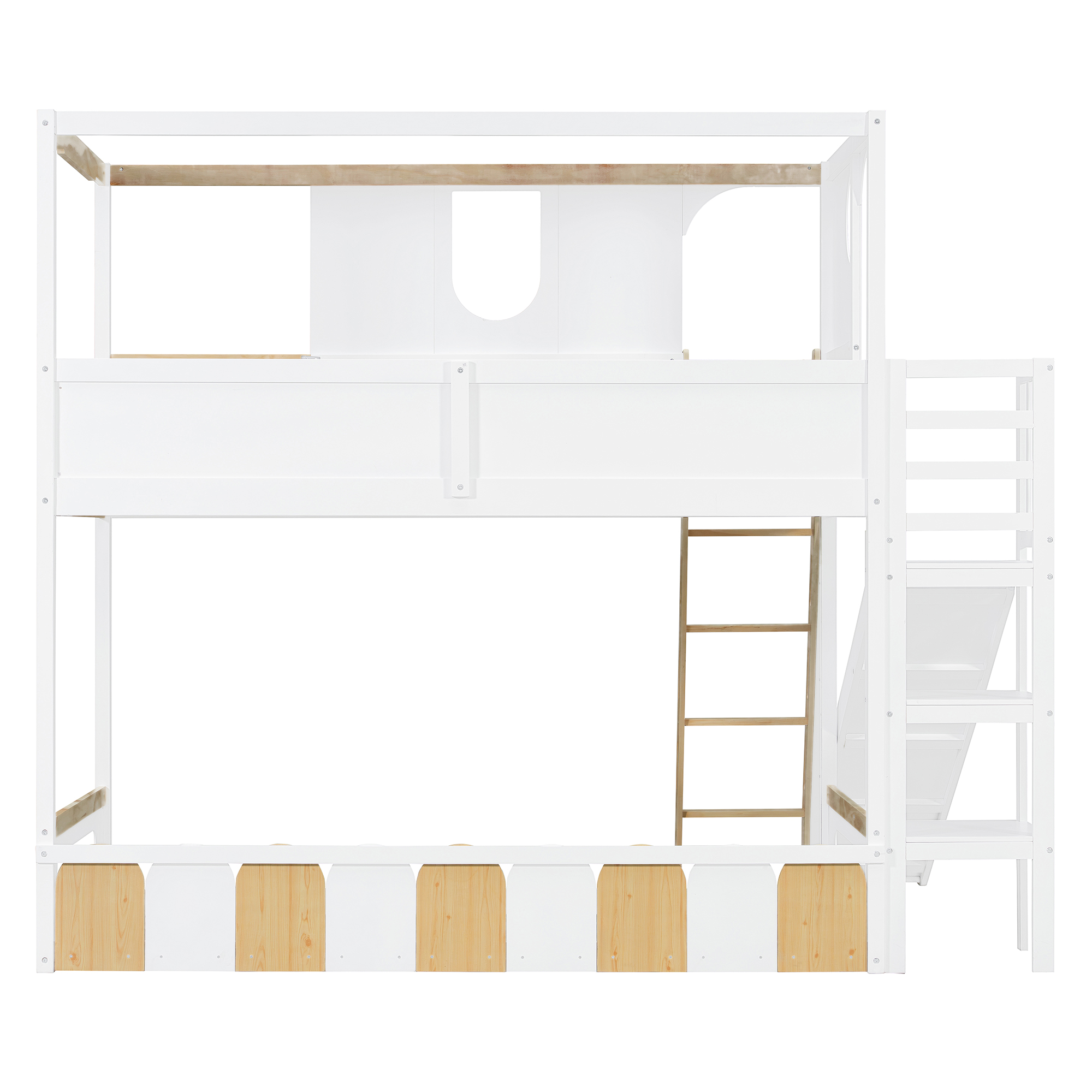 Twin Size Kids Loft Bed With Slide, Storage Shelves And Guardrails