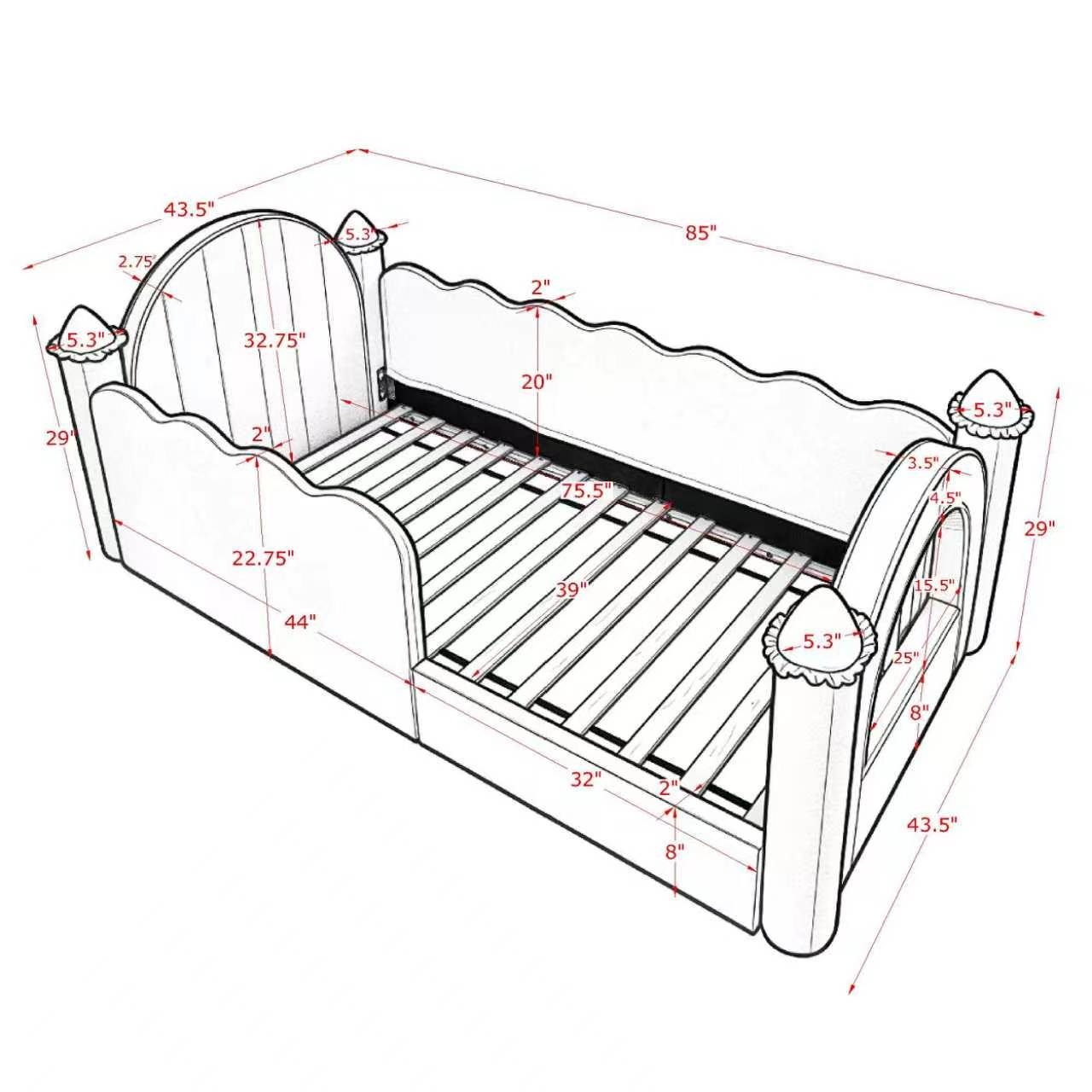 Twin Size Castle Bed with Safety Guardrail and Curtain