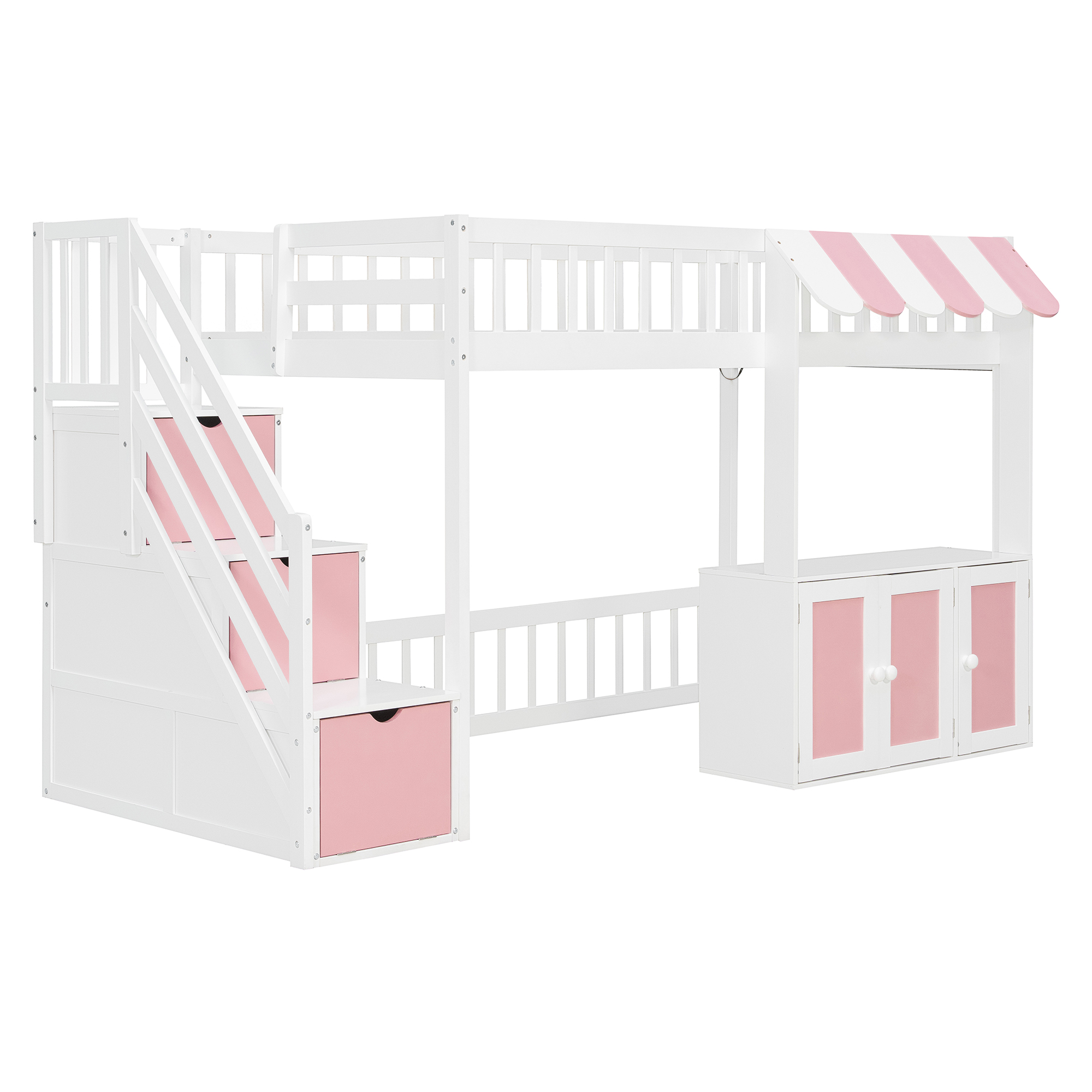Twin Size Loft Bed with Storage Steps, LED Light, Under Bed Cabinets