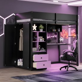 Twin Size Solid Wood Loft Bed with Desk, Storage Cabinet and Wardrobe