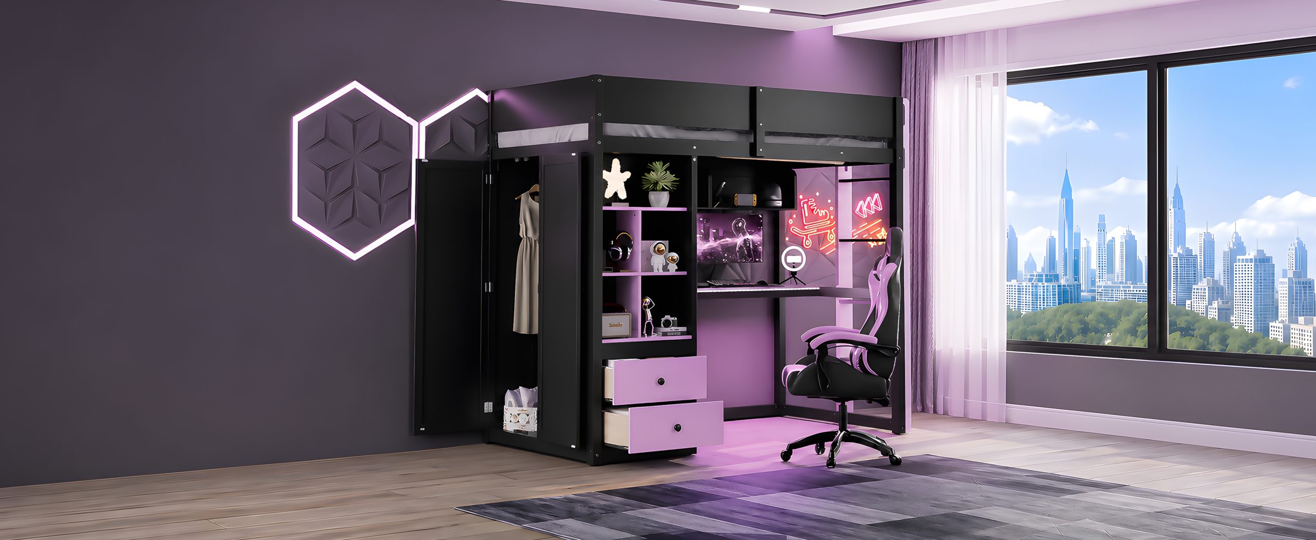 Twin Size Solid Wood Loft Bed with Desk, Storage Cabinet and Wardrobe