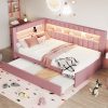 Upholstered Twin Size Platform Bed with Trundle, USB Ports and LED Belt