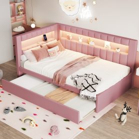 Upholstered Twin Size Platform Bed with Trundle, USB Ports and LED Belt