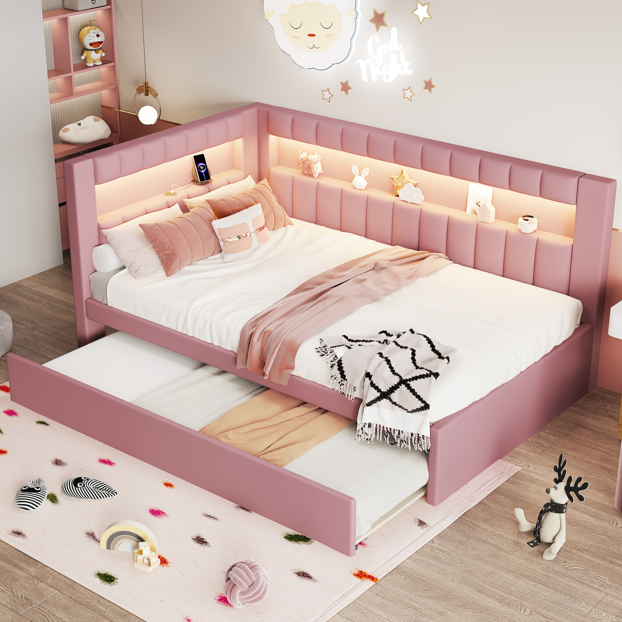 Upholstered Twin Size Platform Bed with Trundle, USB Ports and LED Belt