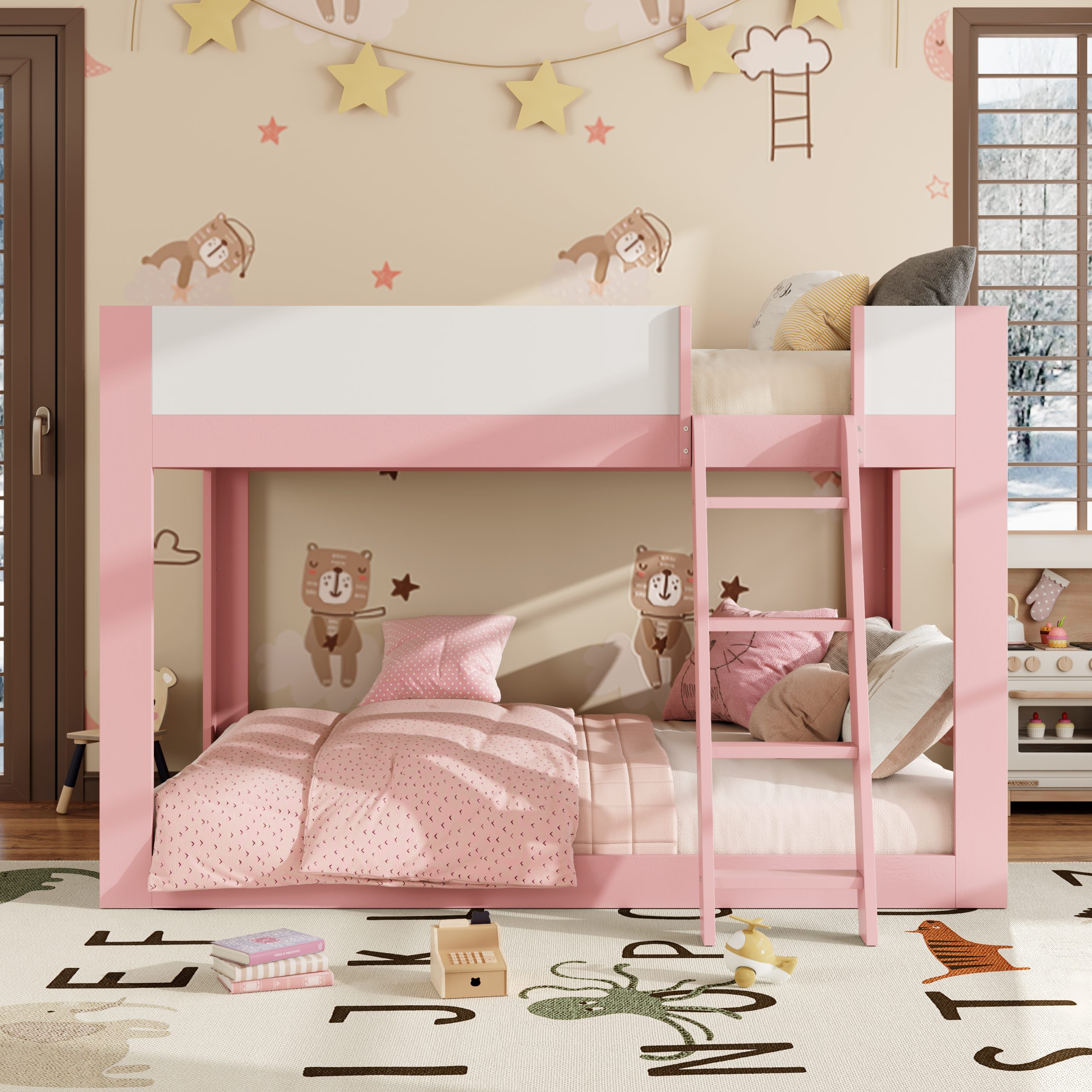 Queen Size Low Convertible Bunk Bed With Reversible Ladder And Safety Guardrails