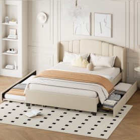 Queen Size Upholstered Platform Bed With Wingback Headboard, One Twin Trundle And 2 Drawers