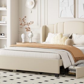 Queen Size Upholstered Platform Bed With Wingback Headboard, One Twin Trundle And 2 Drawers