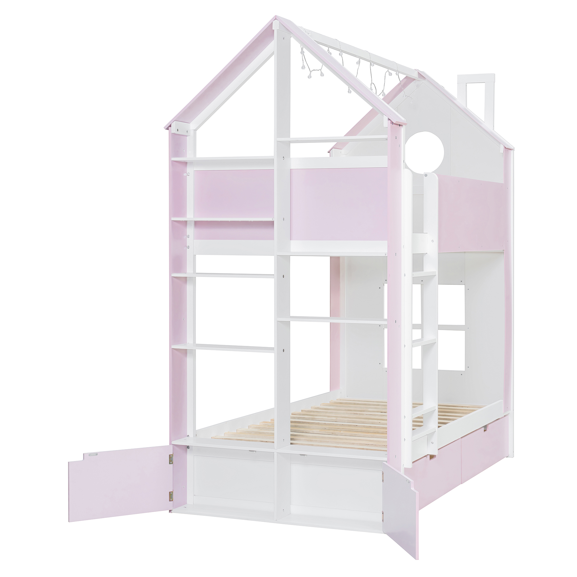 Twin Over Twin House Bed with Storage Drawers & Shelves
