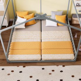 Double Twin House-Shaped Floor Bed with Safety Guardrails
