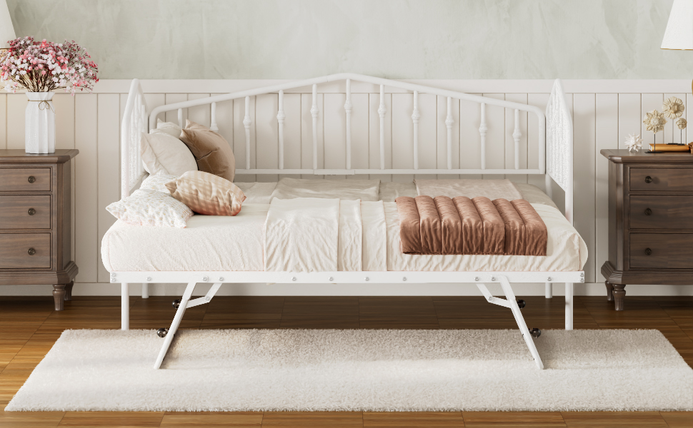 Twin Size Stylish Metal Daybed with Twin Size Adjustable Trundle