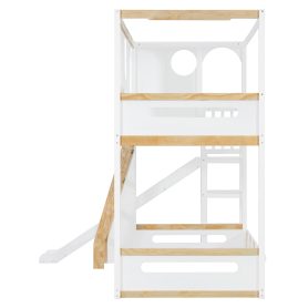 Twin Size Kids Loft Bed With Slide, Storage Shelves And Guardrails