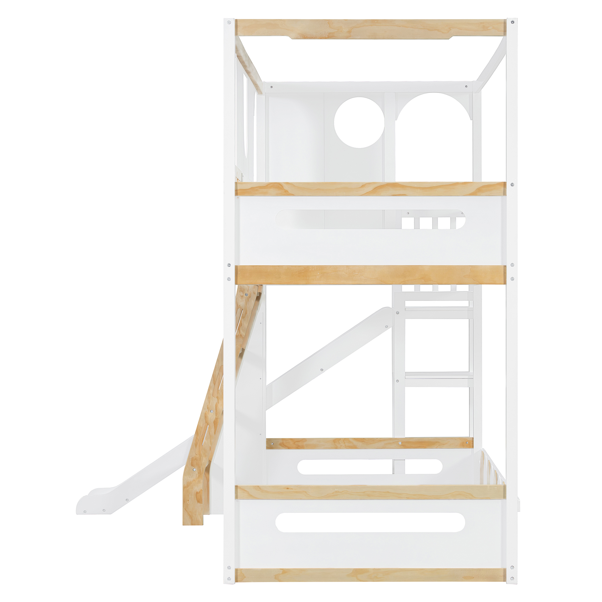 Twin Size Kids Loft Bed With Slide, Storage Shelves And Guardrails