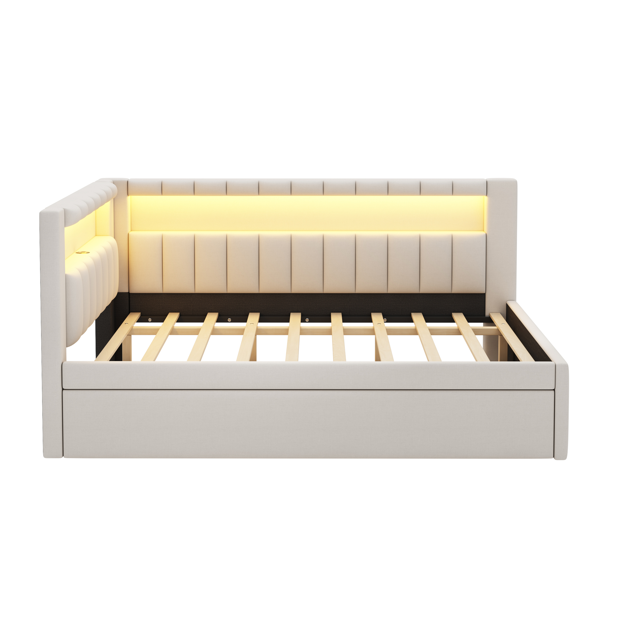 Upholstered Full Size Platform Bed with Trundle, USB Ports and LED Belt