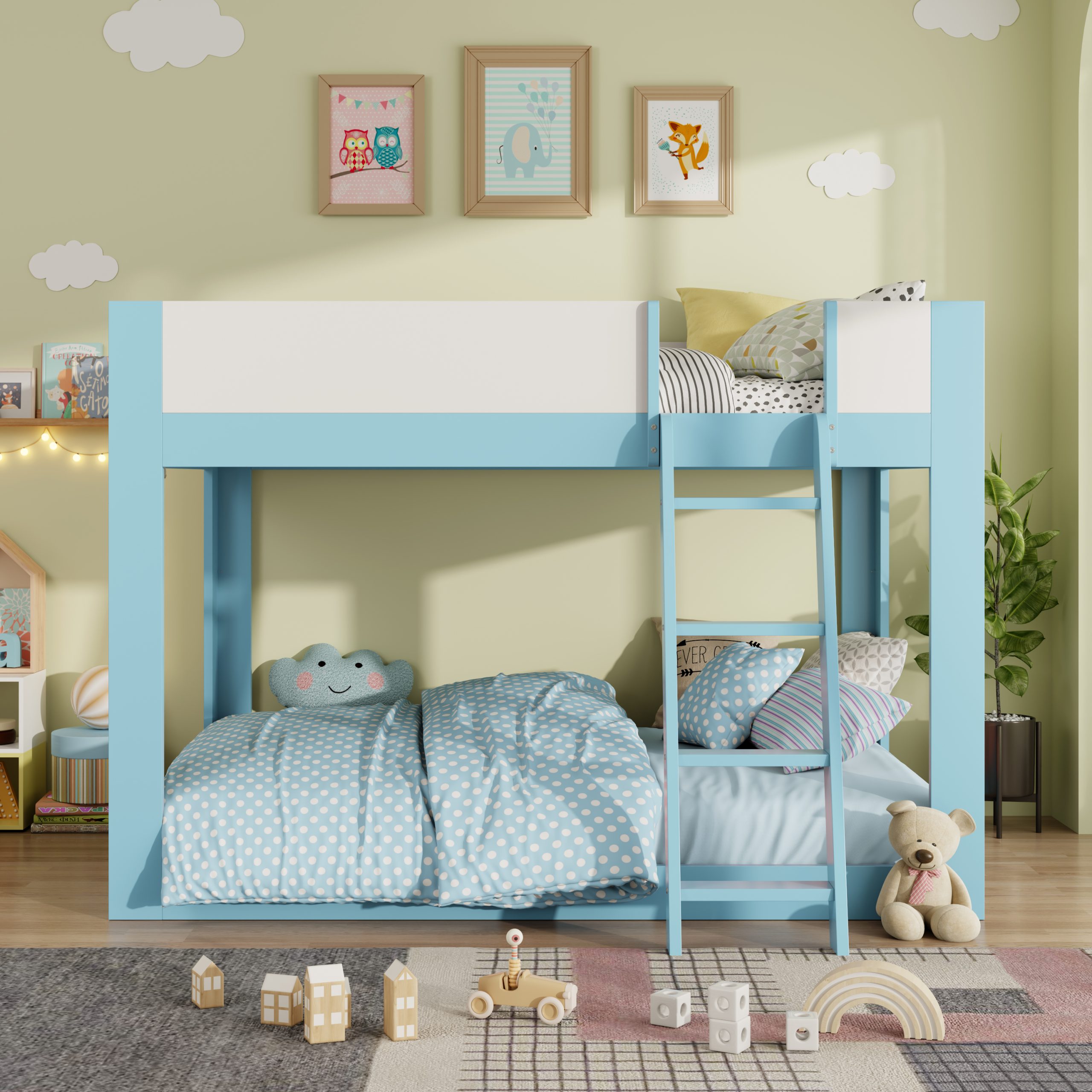 Full Size Low Convertible Bunk Bed With Reversible Ladder And Safety Guardrails
